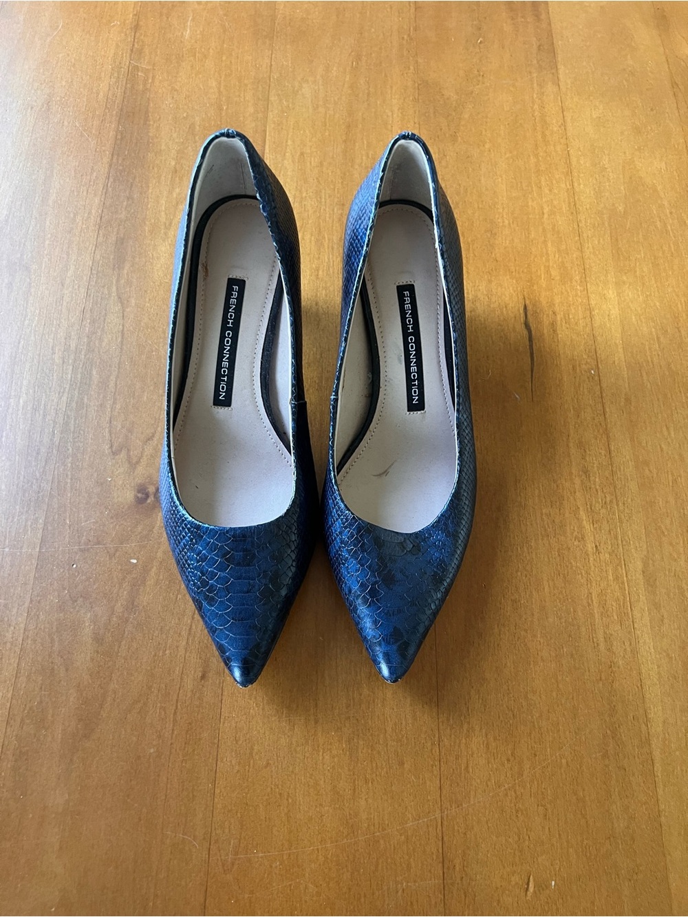 French Connection Blue Snake-Texture Pointed Toe Pumps